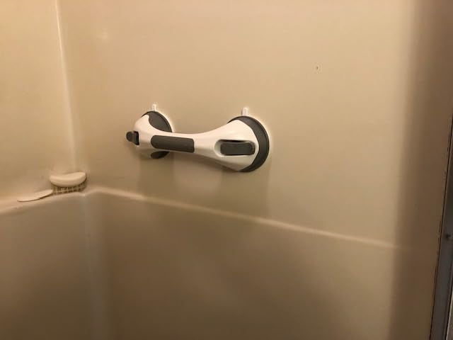 White grab bar inside shower